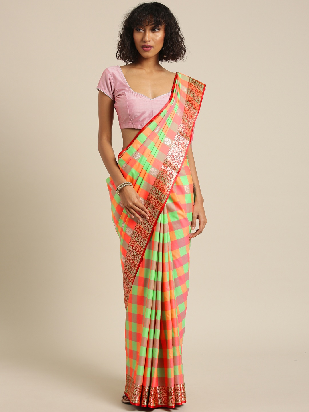 

Varkala Silk Sarees Orange & Green Silk Blend Checked Banarasi Saree