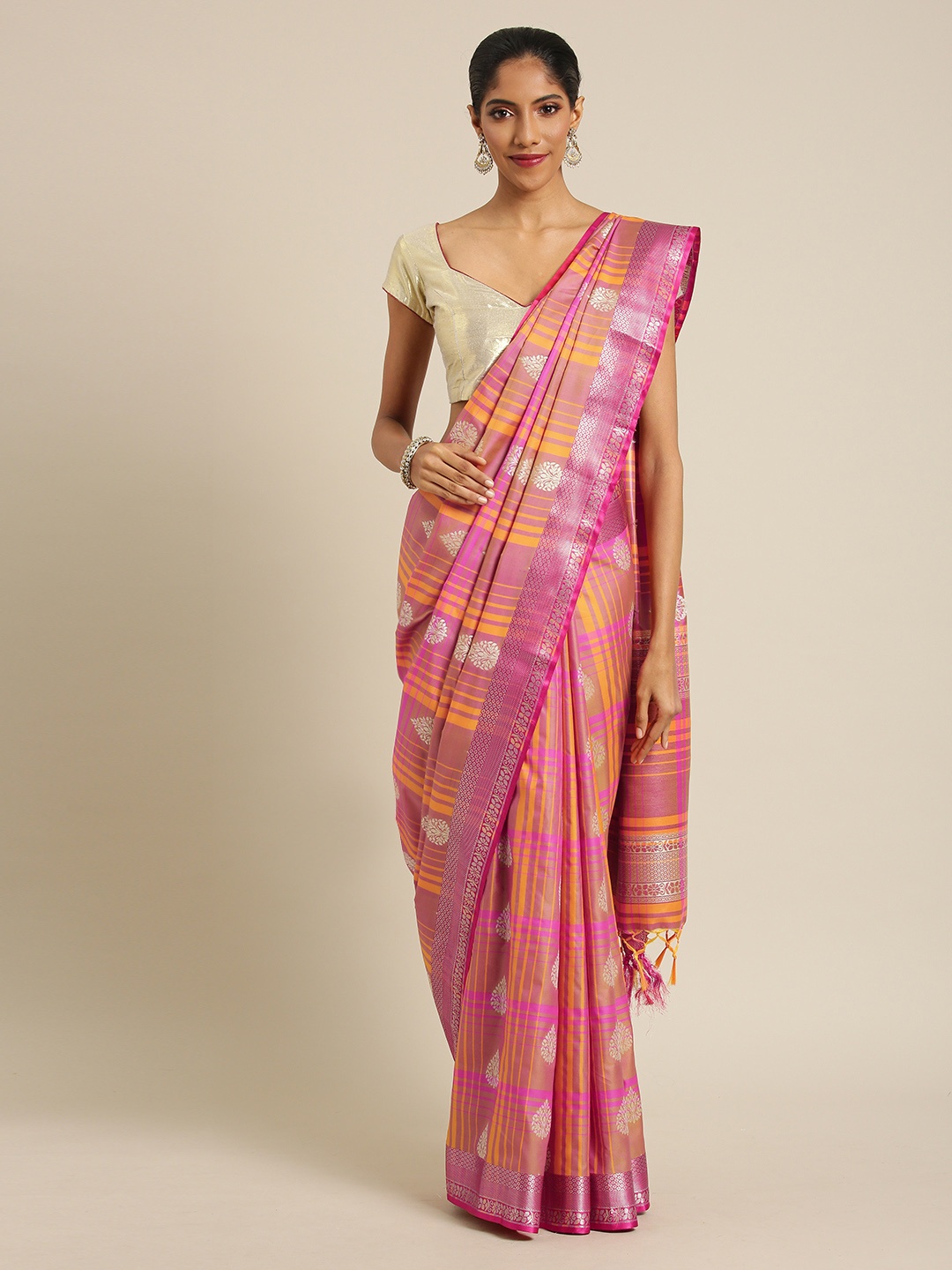 

Varkala Silk Sarees Brown & Pink Silk Blend Woven Design Banarasi Saree
