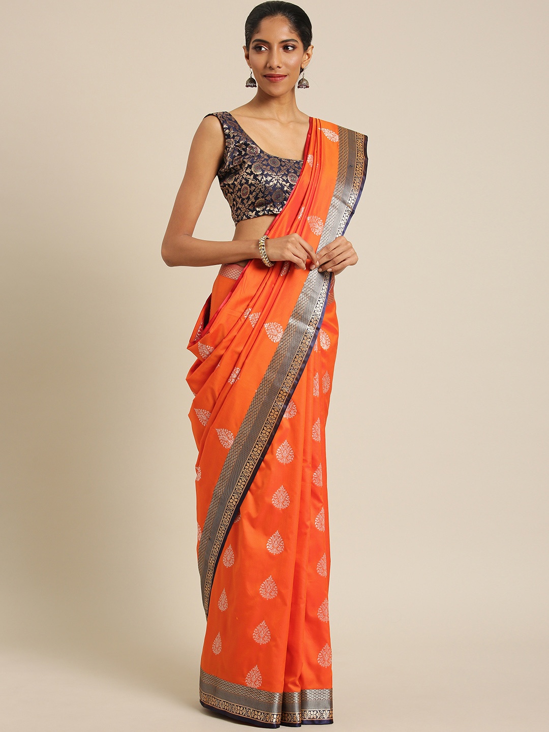 

Varkala Silk Sarees Orange & Navy Blue Woven Design Banarasi Saree