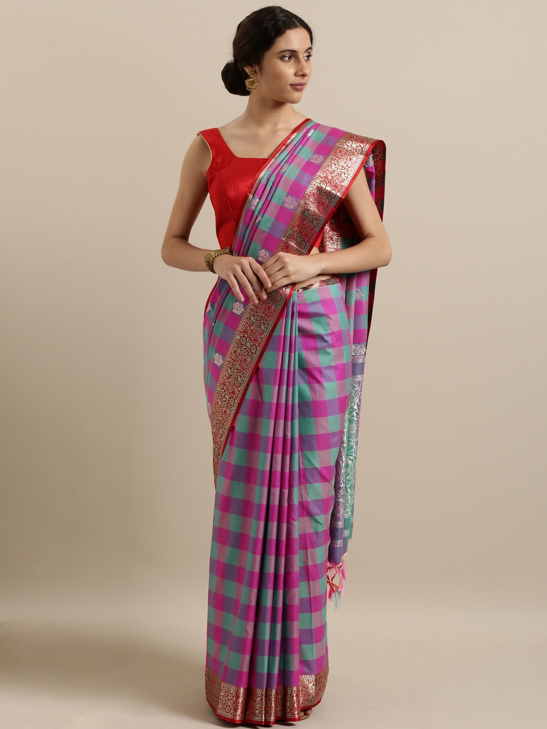 

Varkala Silk Sarees Pink & Teal Green Silk Blend Checked Banarasi Saree