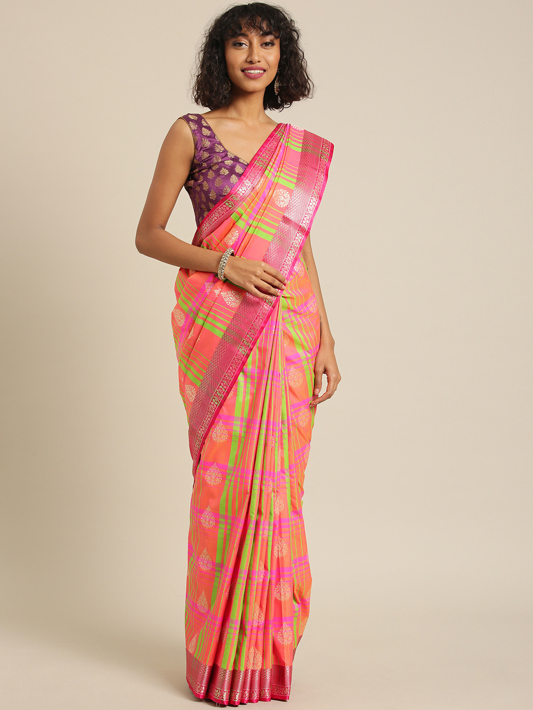 

Varkala Silk Sarees Coral Pink & Green Silk Blend Woven Design Banarasi Saree