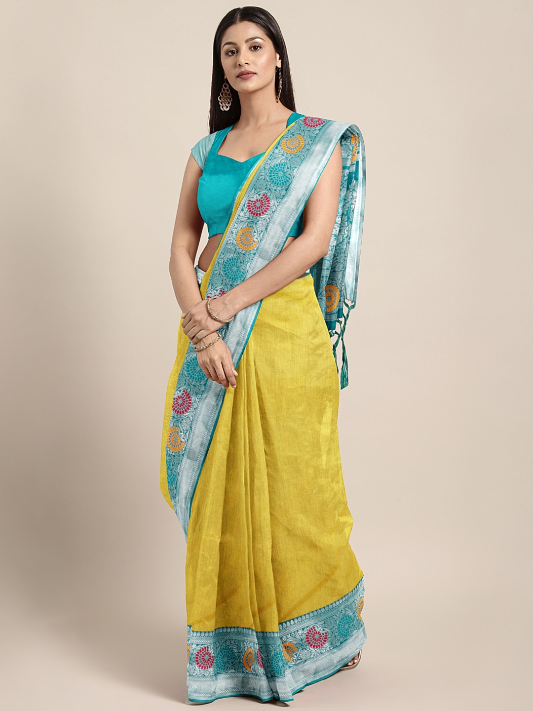 

Varkala Silk Sarees Yellow & Teal Green Silk Cotton Solid Banarasi Saree