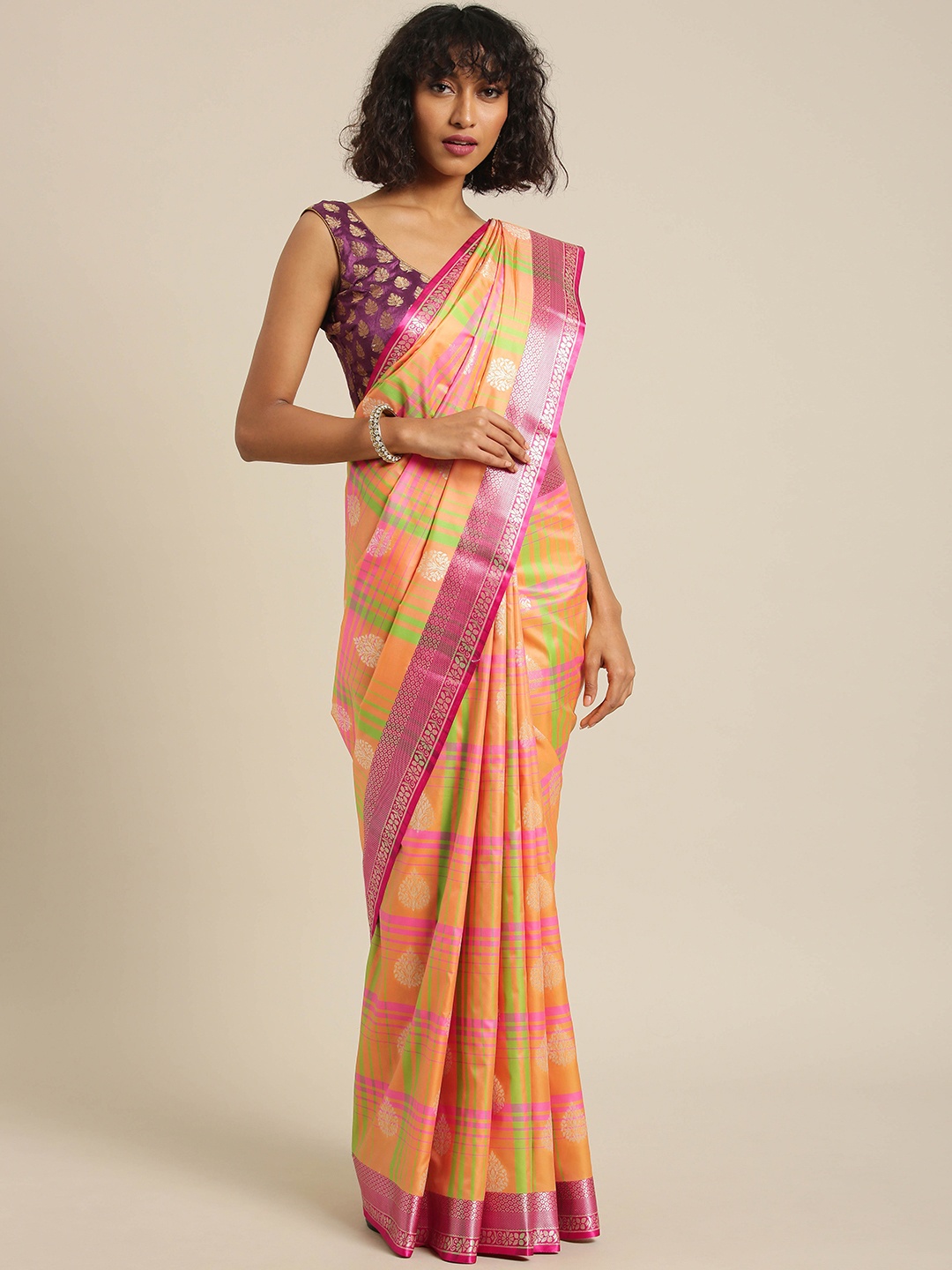 

Varkala Silk Sarees Mustard Orange & Pink Woven Design Banarasi Saree