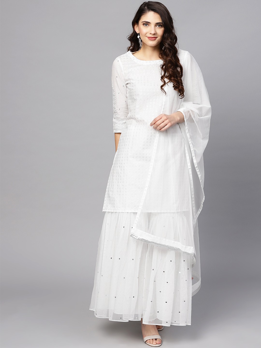 

W Women White & Printed Kurta with Sharara & Dupatta