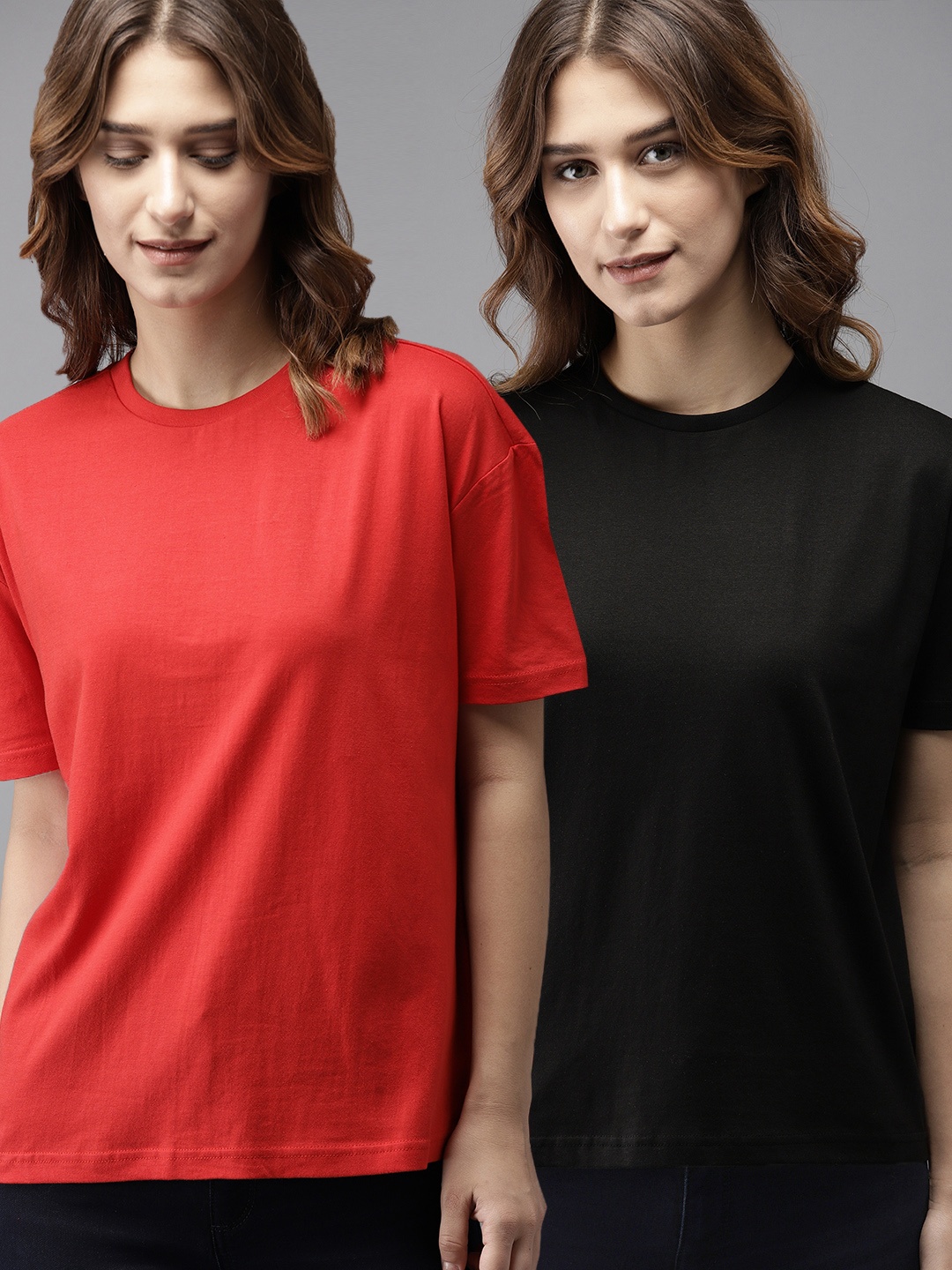 

HERENOW Women Pack Of 2 Solid Round Neck Pure Cotton T-shirts, Red