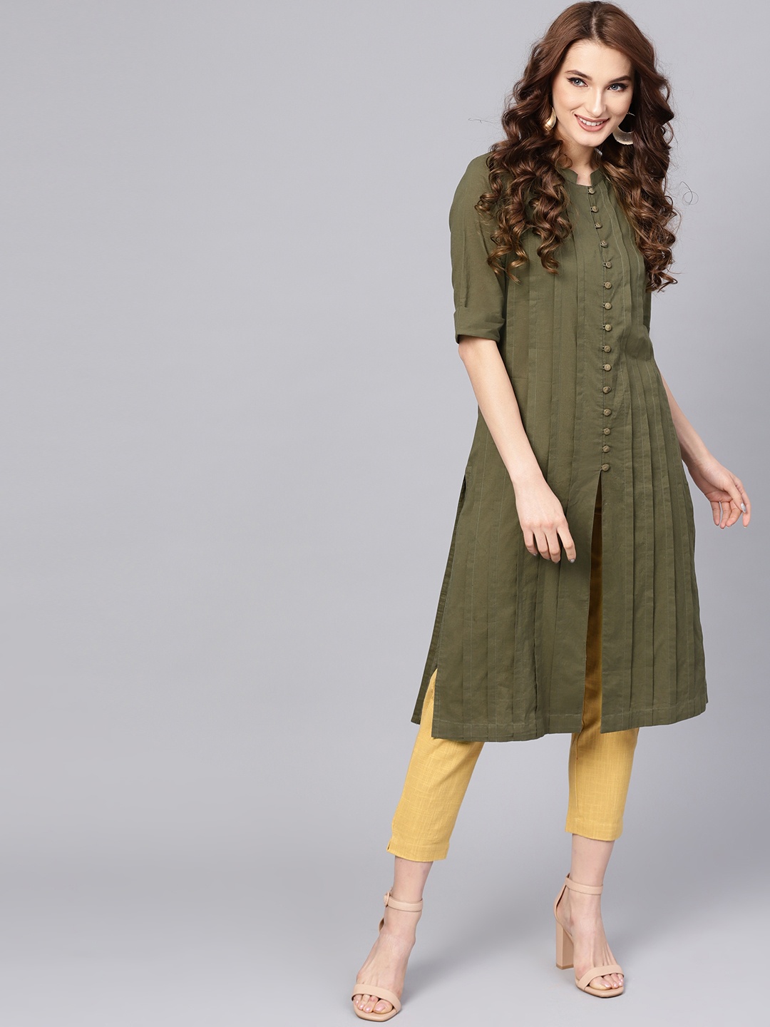 

Jaipur Kurti Women Olive Green & Mustard Yellow Solid Kurta with Trousers