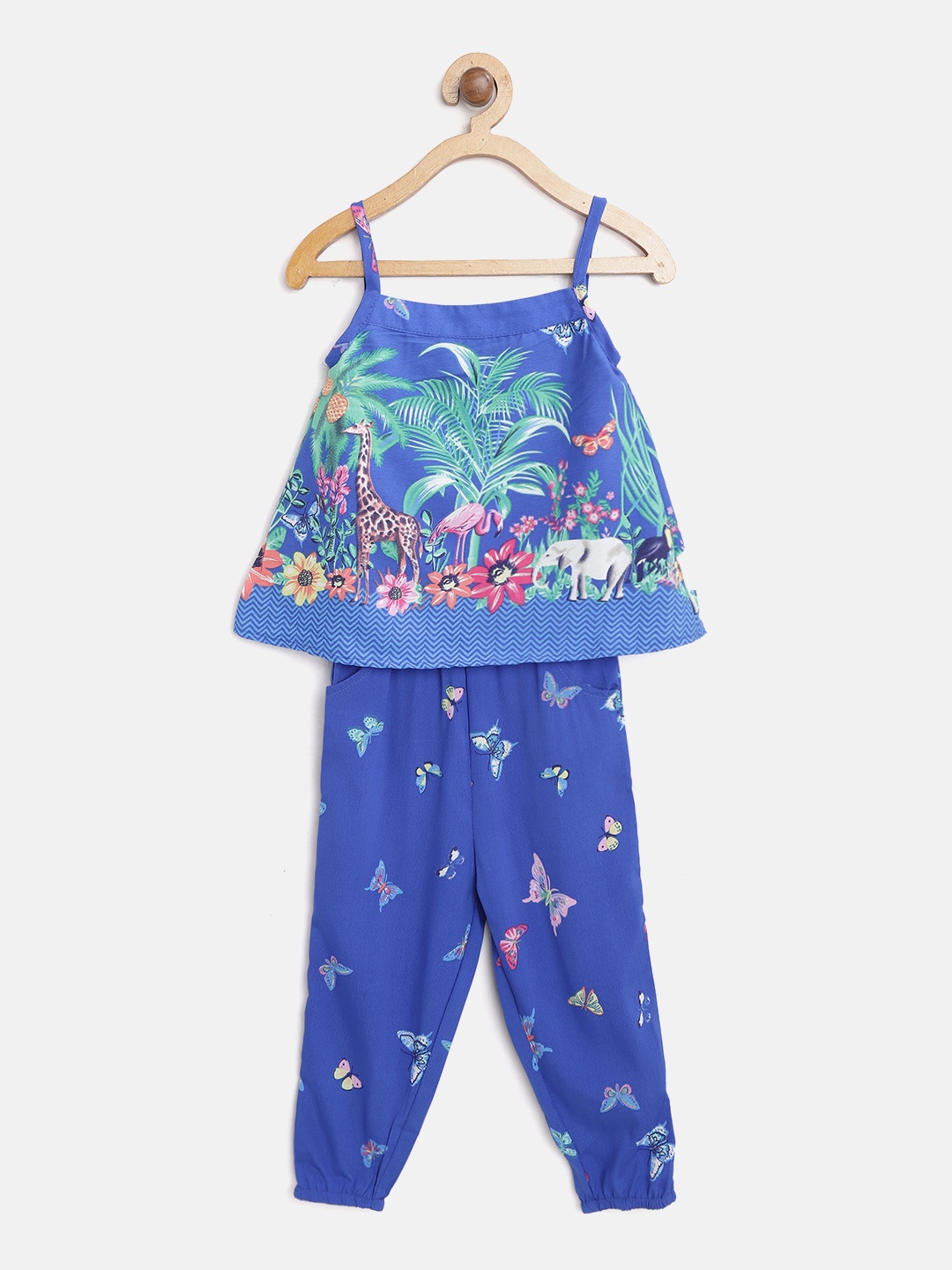 

Lazy Shark Girls Blue & Green Printed Layered Basic Jumpsuit