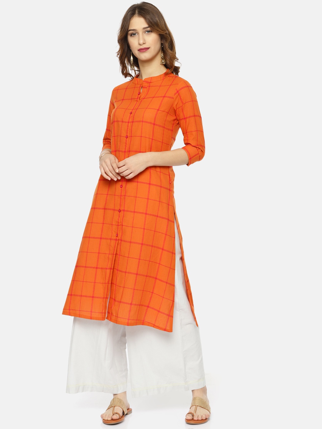 

Alena Women Orange & Red Checked A-Line Kurta