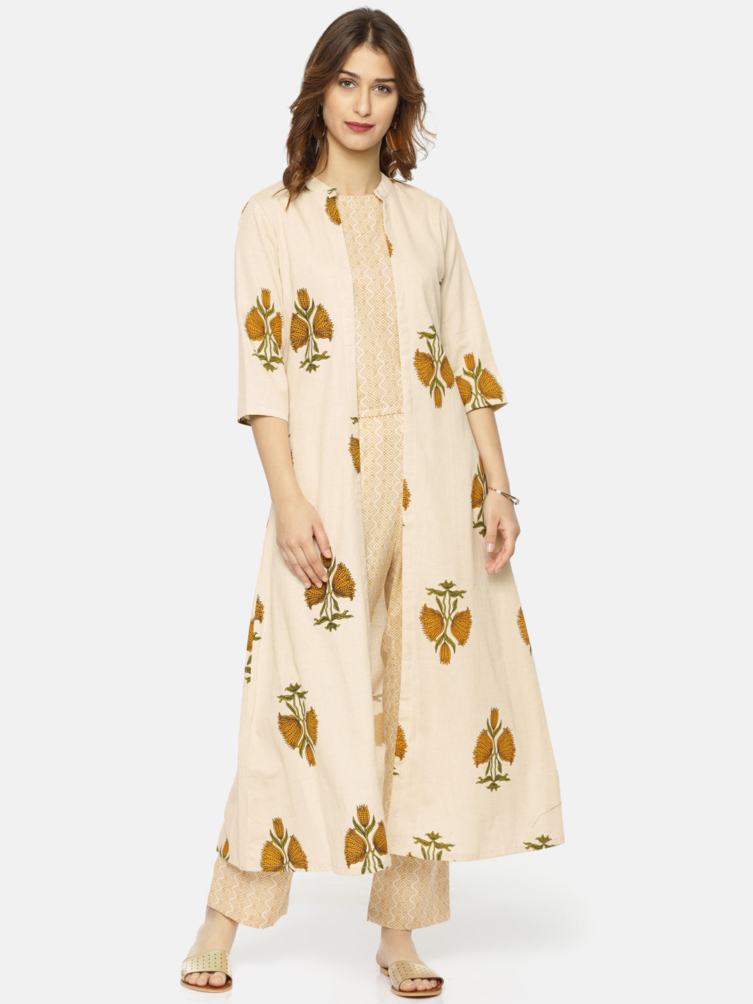 

Alena Women Off-White & Mustard Yellow Printed Kurta With Shrug & Trousers
