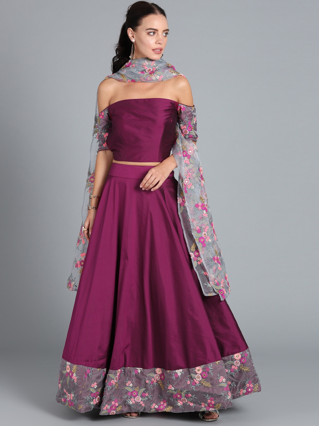 

Ethnovog Purple Grey Embroidered Made to Measure Lehenga Blouse with Dupatta