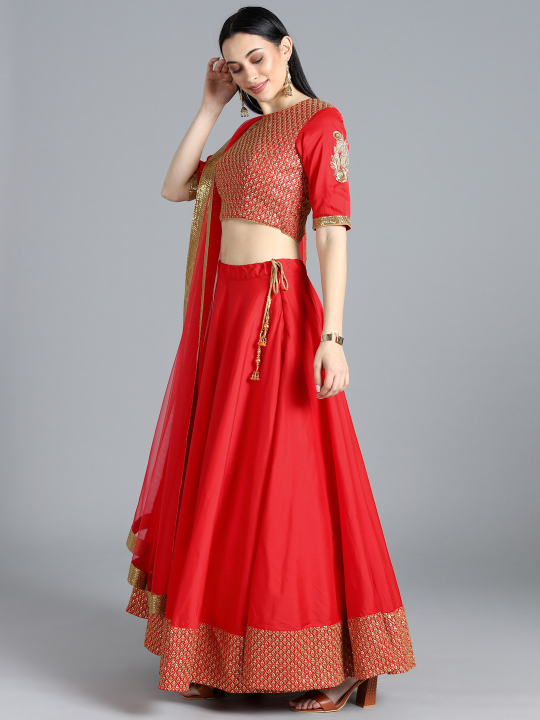 

Ethnovog Women Red Embellished Made to Measure Lehenga Blouse With Dupatta