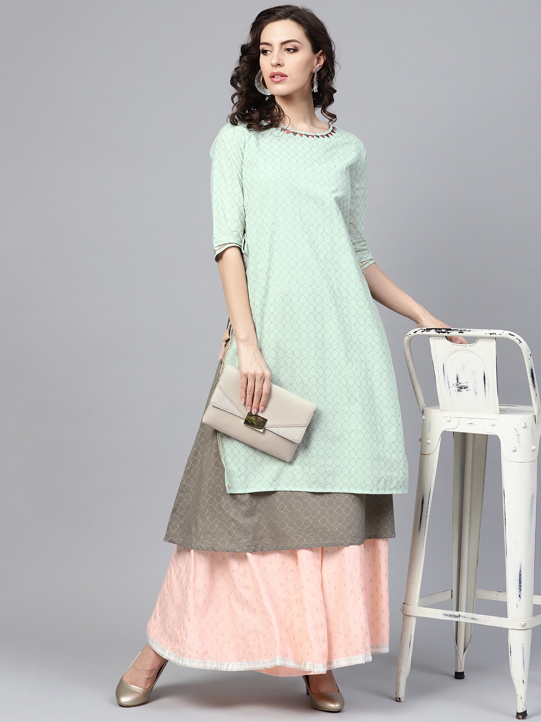 

Indo Era Women Sea Green & Grey Printed Layered A-Line Kurta
