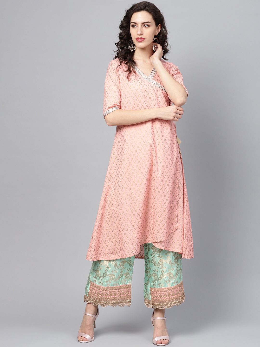 

Indo Era Women Peach-Coloured & Golden Printed Angrakha A-Line Kurta