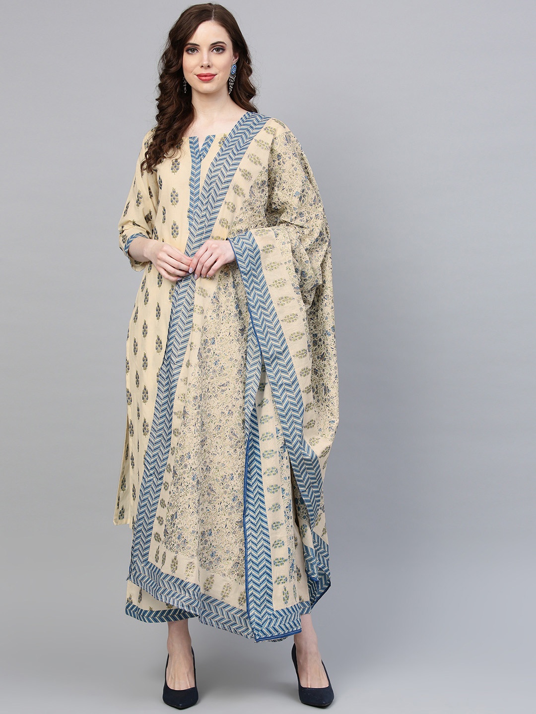 

Indo Era Women Beige & Blue Printed Kurta with Palazzos & Dupatta