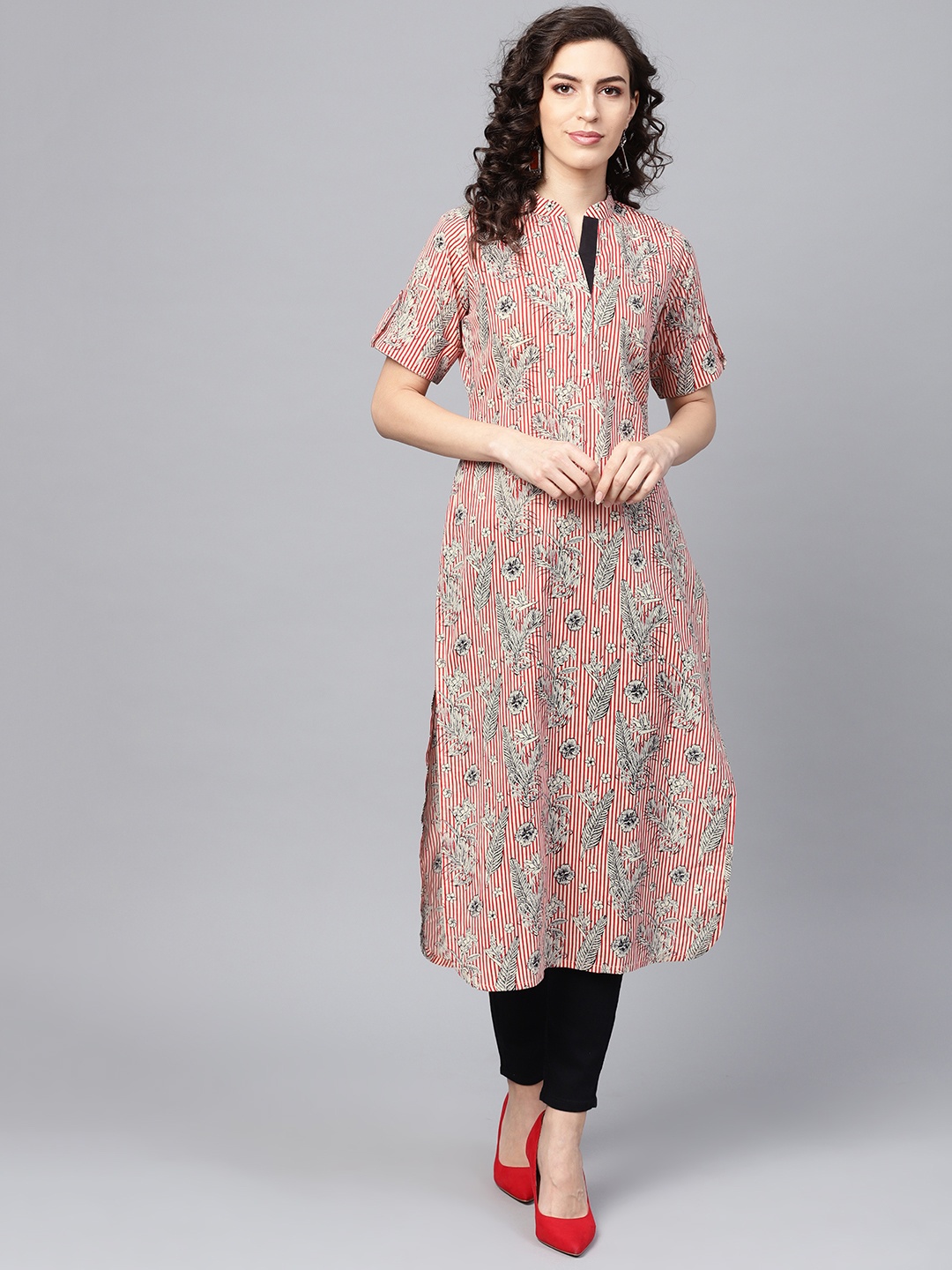 

Indo Era Women Red & Off-White Striped Straight Kurta