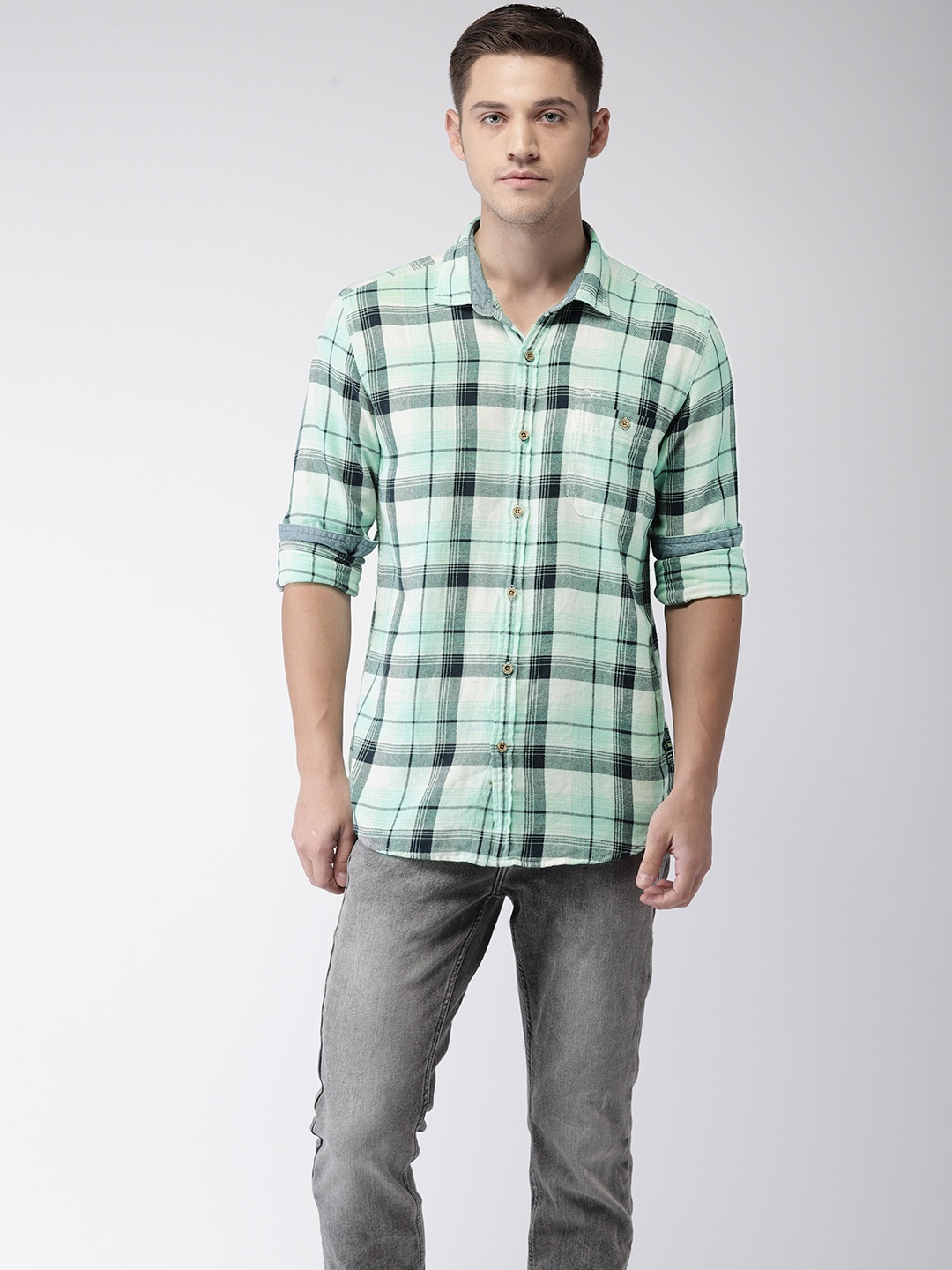 

Flying Machine Men Sea Green & Navy Blue Regular Fit Checked Casual Shirt