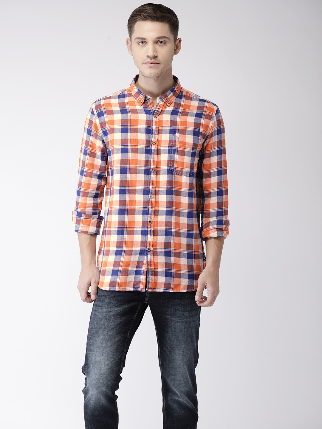 

Flying Machine Men Orange & White Regular Fit Checked Casual Shirt