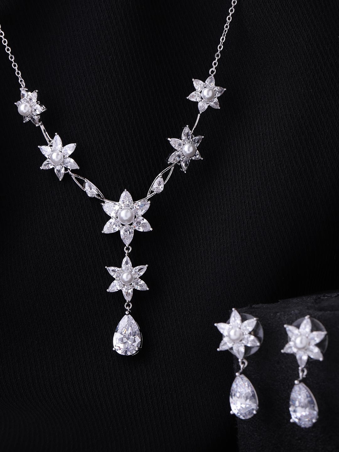 

Carlton London Silver-Toned & White Rhodium Plated CZ Studded & Beaded Jewellery Set