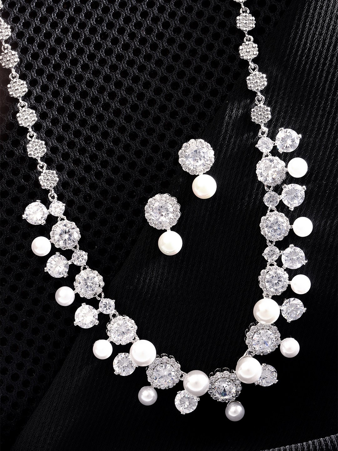 

Carlton London Silver-Toned & White Rhodium Plated CZ Studded & Beaded Jewellery Set