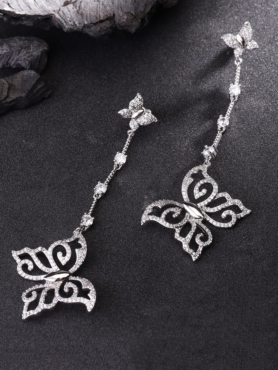 

Carlton London Silver-Toned Rhodium-Plated CZ Studded Butterfly Shaped Drop Earrings