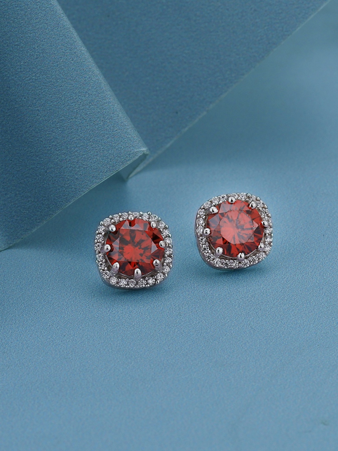 

Carlton London Silver-Toned & Red Rhodium-Plated CZ Studded Square Studs