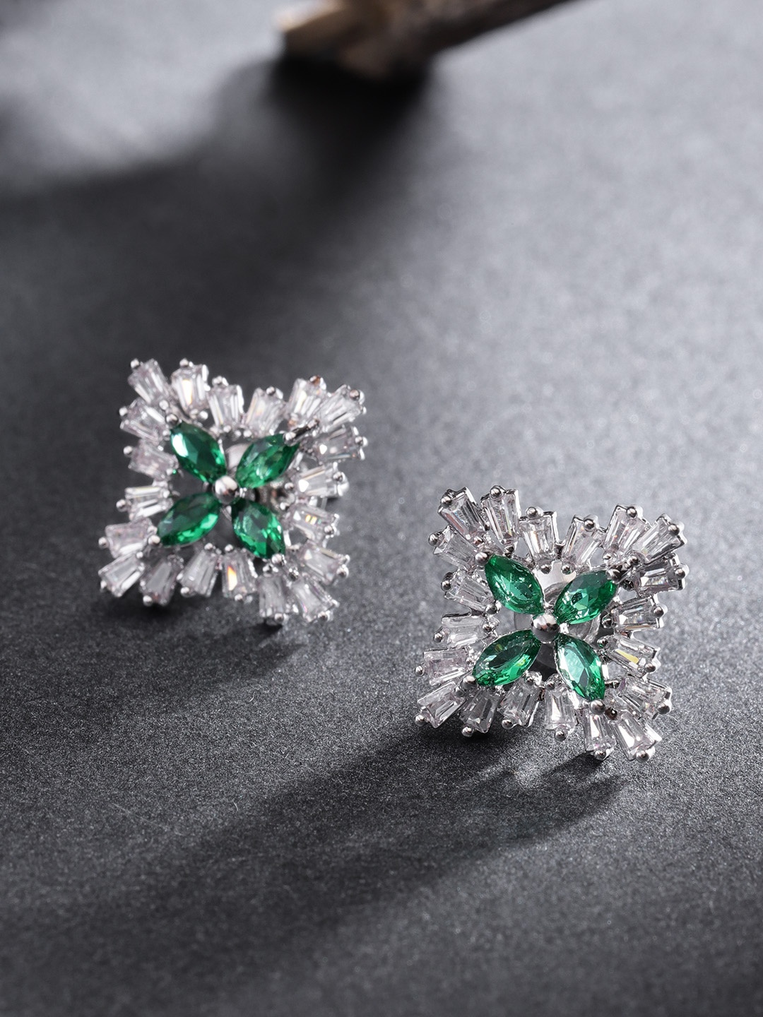 

Carlton London Silver-Toned & Green Rhodium-Plated Square Studs