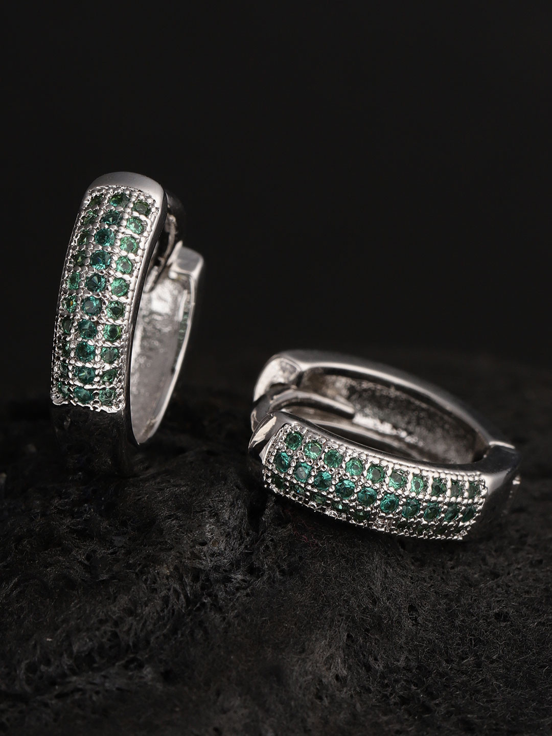 

Carlton London Silver-Toned & Green Rhodium-Plated CZ Stone-Studded Circular Hoop Earrings