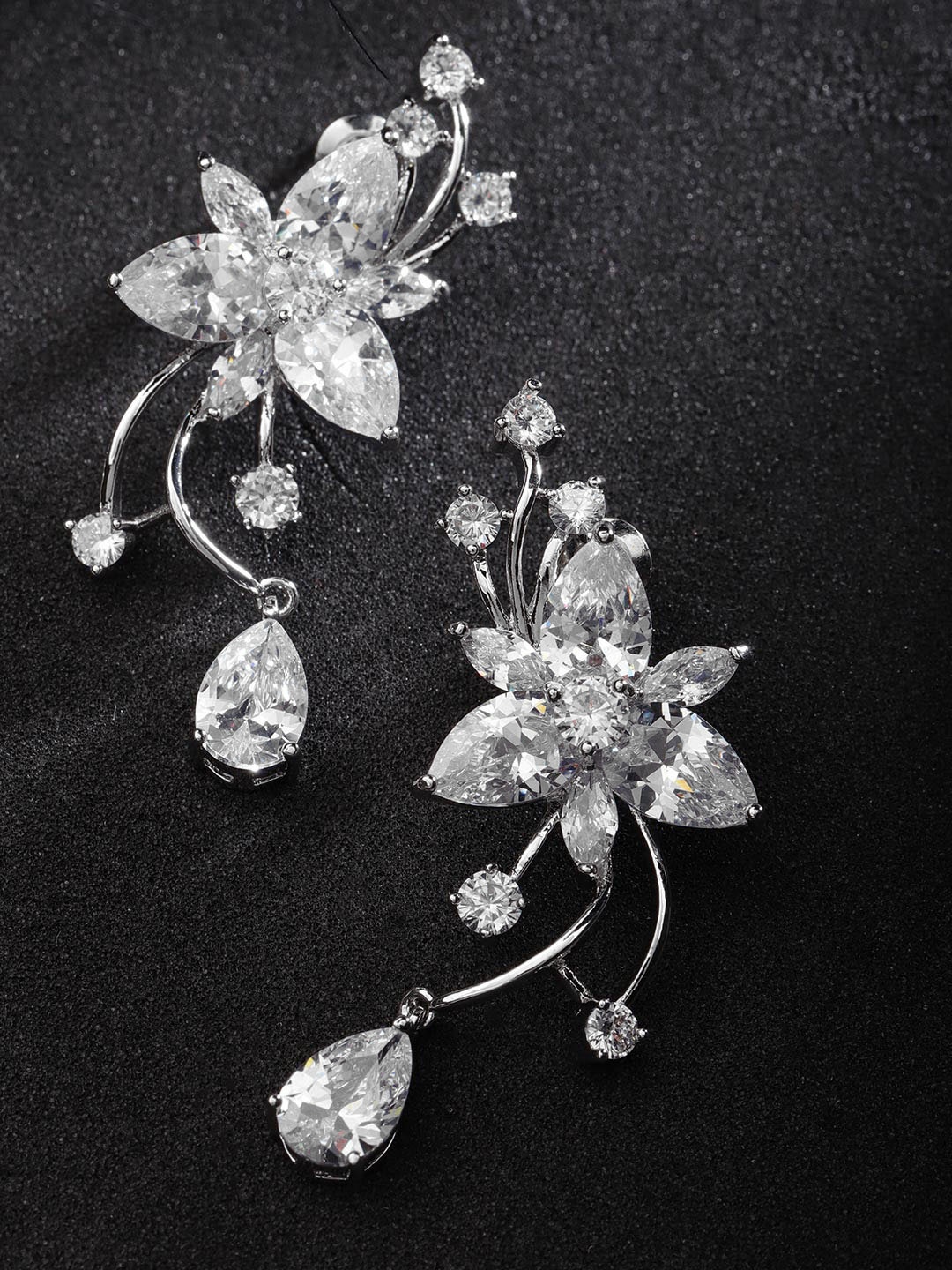 

Carlton London Silver-Toned Rhodium-Plated CZ Stone-Studded Floral Drop Earrings