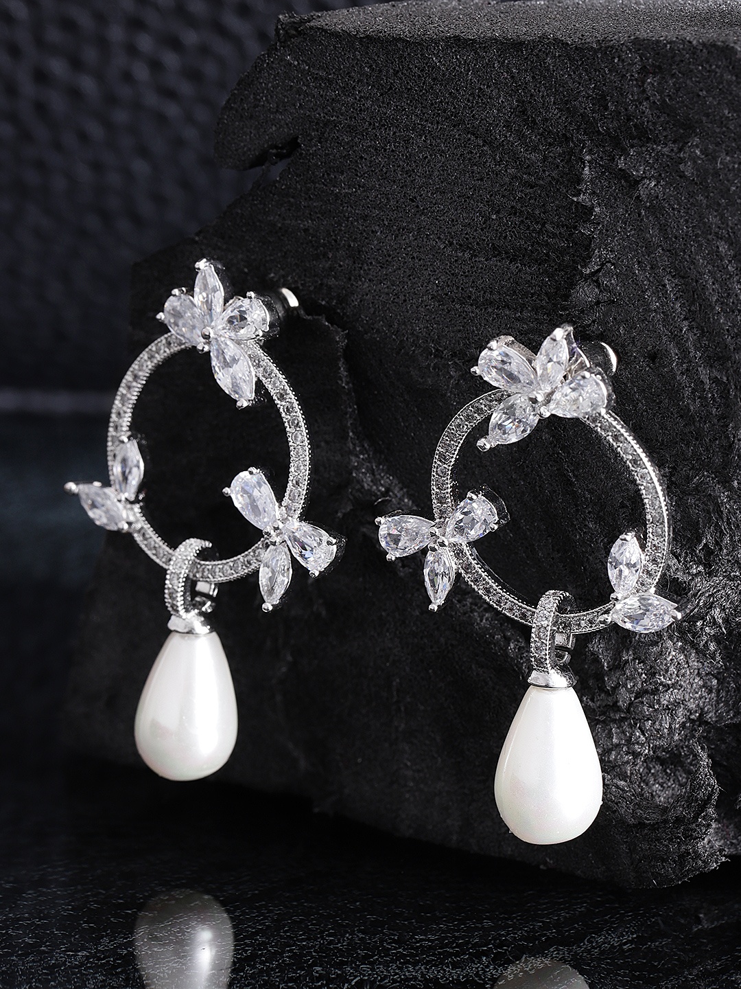 

Carlton London Silver-Toned Rhodium Plated CZ Studded Floral Drop Earrings