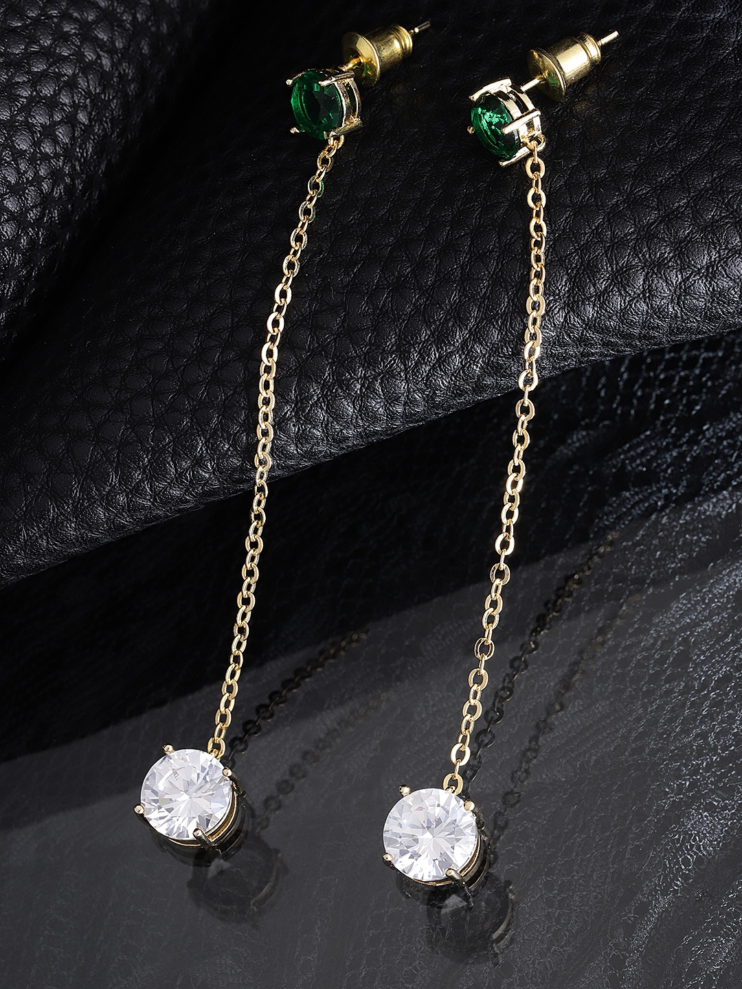 

Carlton London Green Gold-Plated CZ-Studded Contemporary Drop Earrings