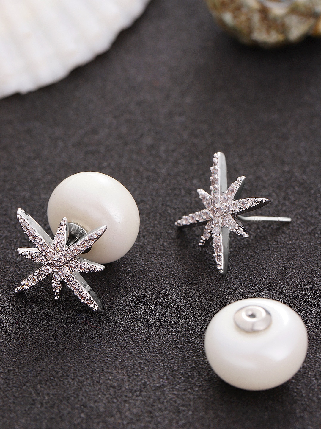 

Carlton London Silver-Toned Rhodium-Plated CZ Stone-Studded Spiked Studs