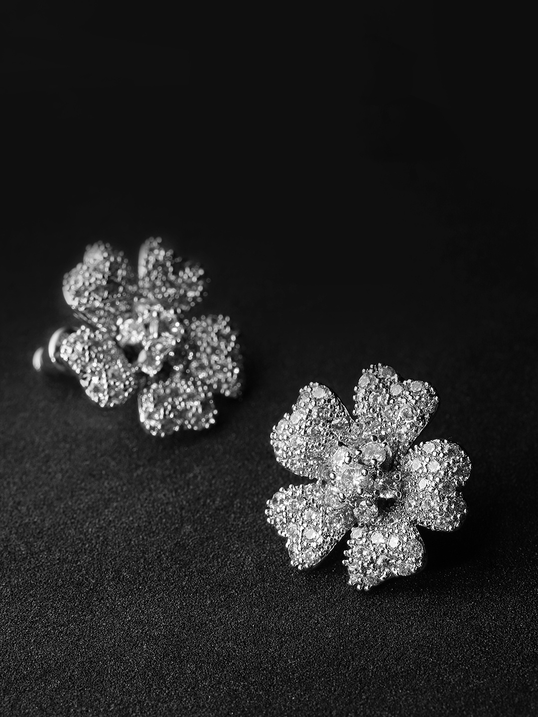 

Carlton London Silver-Toned Rhodium-Plated CZ Stone-Studded Floral Studs