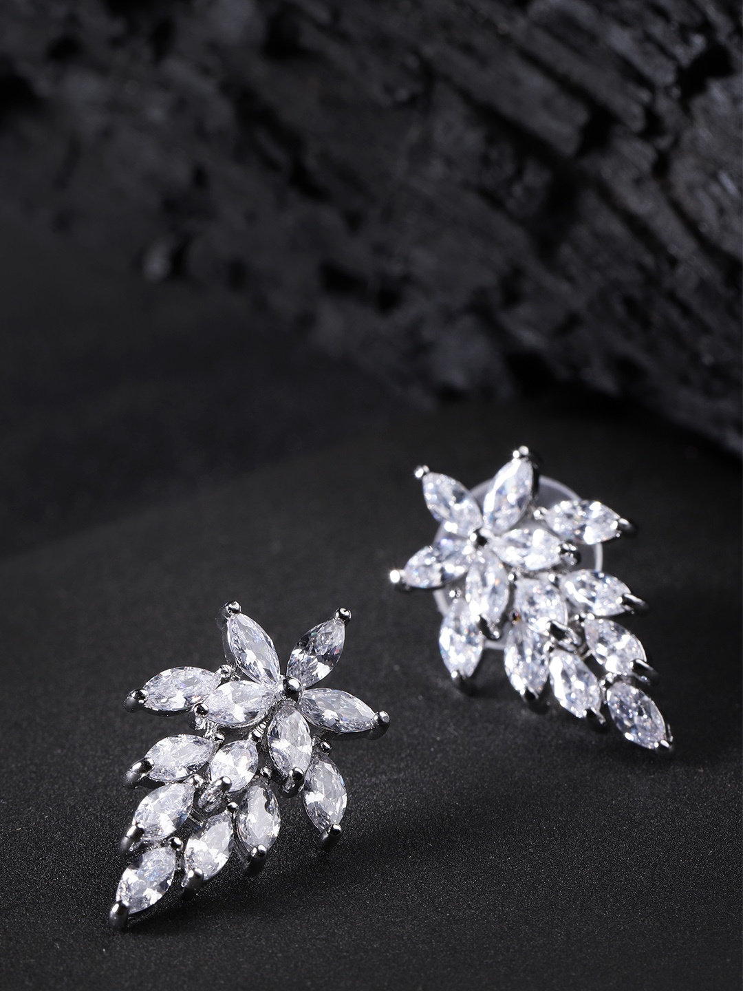 

Carlton London Silver-Toned Rhodium-Plated CZ Stone-Studded Leaf-Shaped Studs