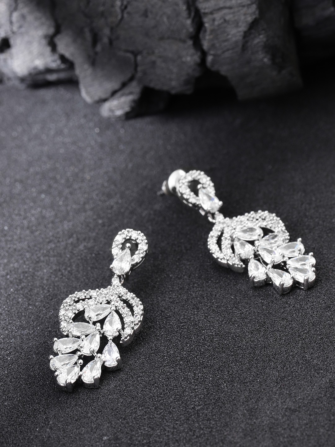 

Carlton London Silver-Toned Rhodium-Plated CZ Stone-Studded Contemporary Drop Earrings