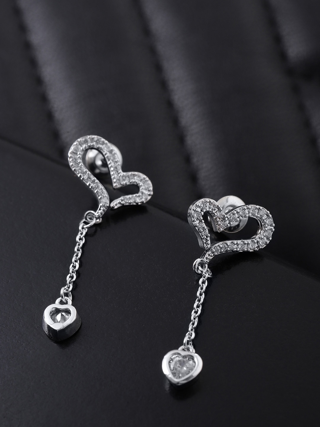 

Carlton London Silver-Toned Rhodium-Plated CZ Stone-Studded Heart-Shaped Drop Earrings