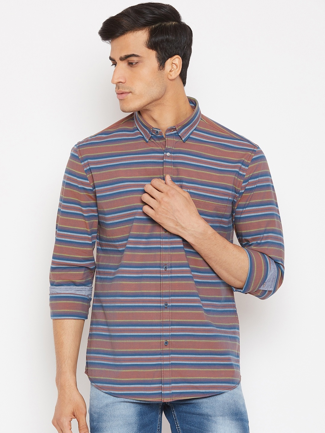 

Blackberrys Men Rust Brown & Blue Slim Fit Striped Casual Shirt