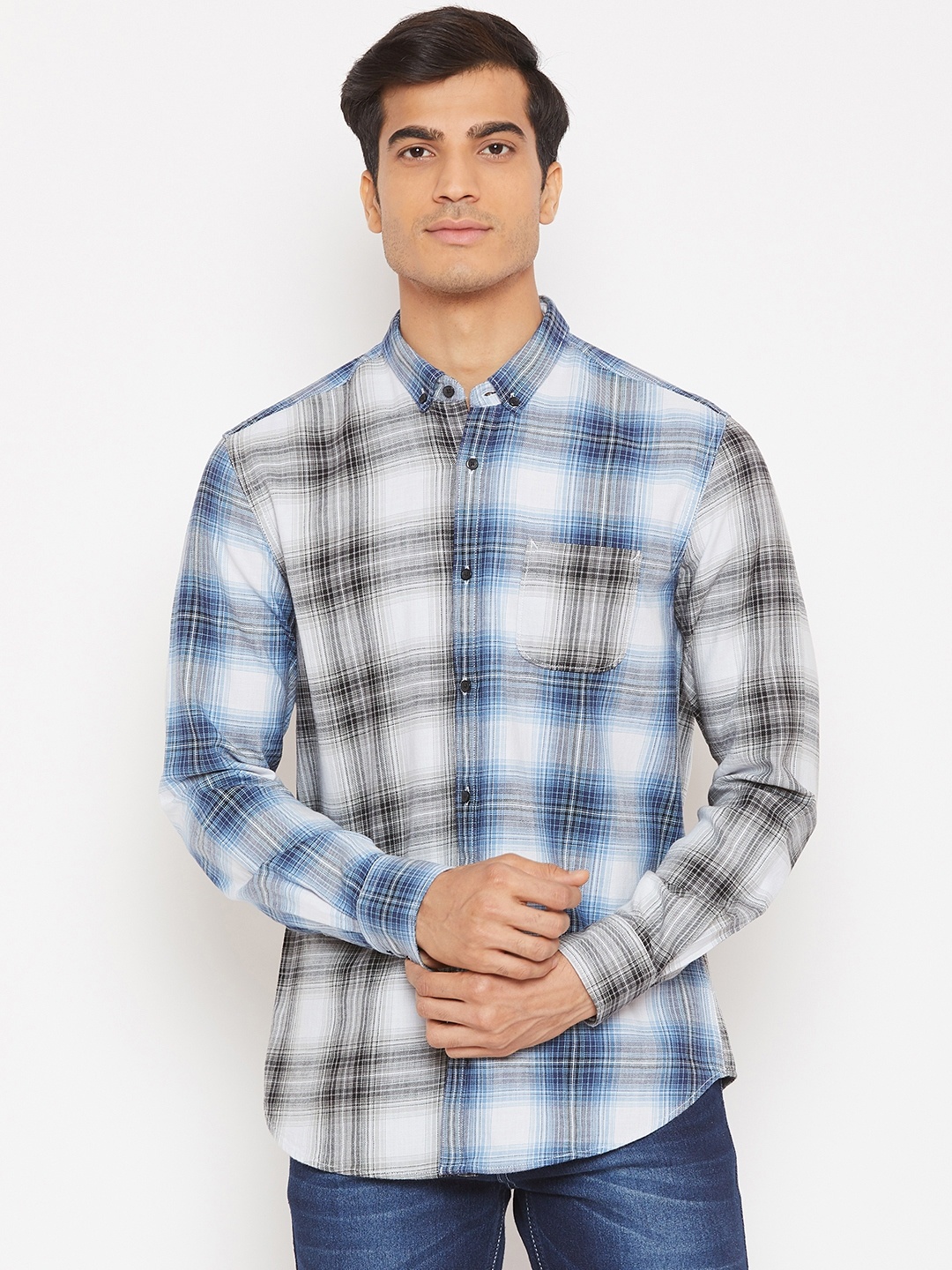 

Blackberrys Men Grey & Blue Slim Fit Checked Casual Shirt