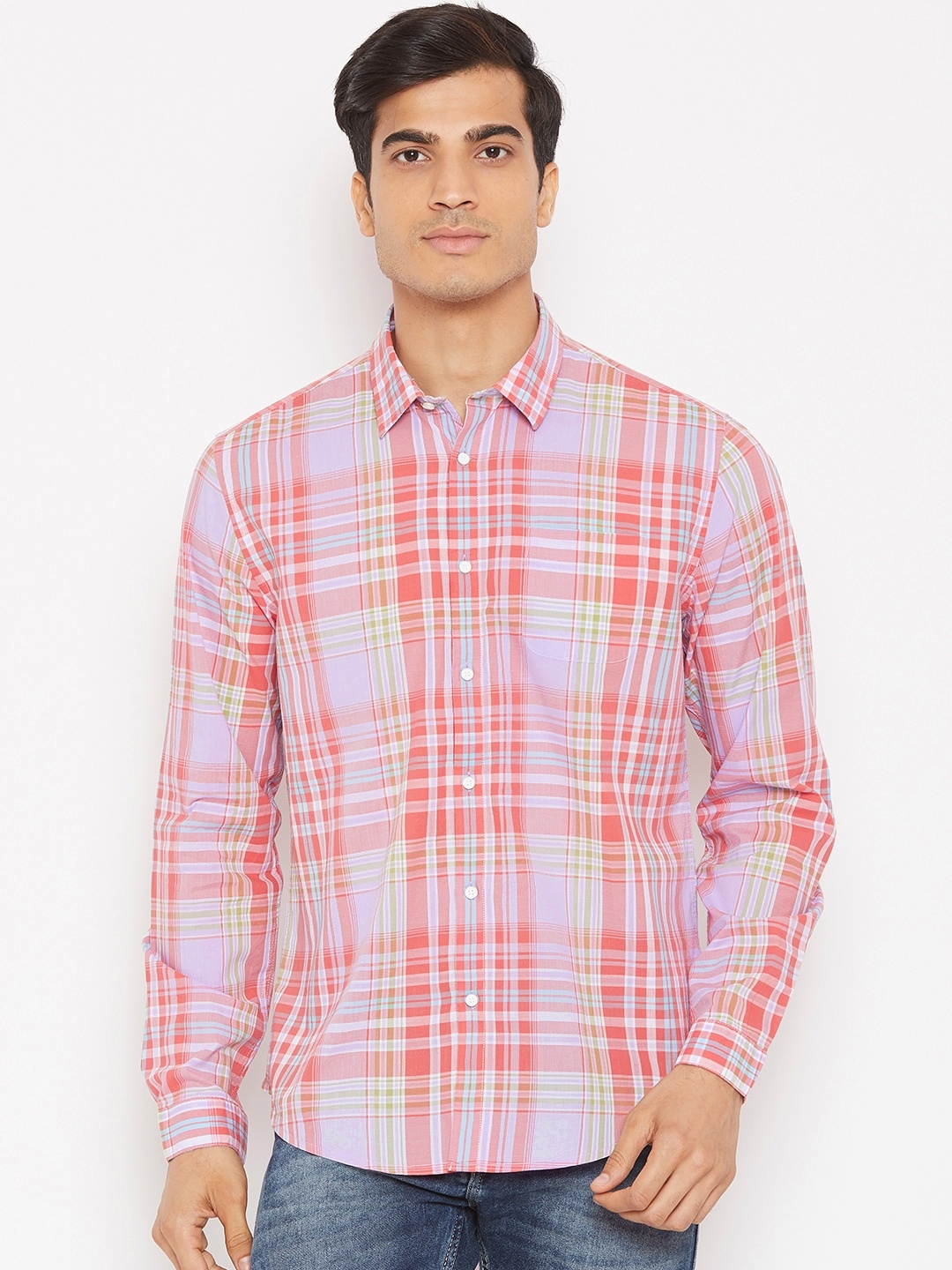 

Blackberrys Men Coral Pink & Purple Slim Fit Checked Casual Shirt