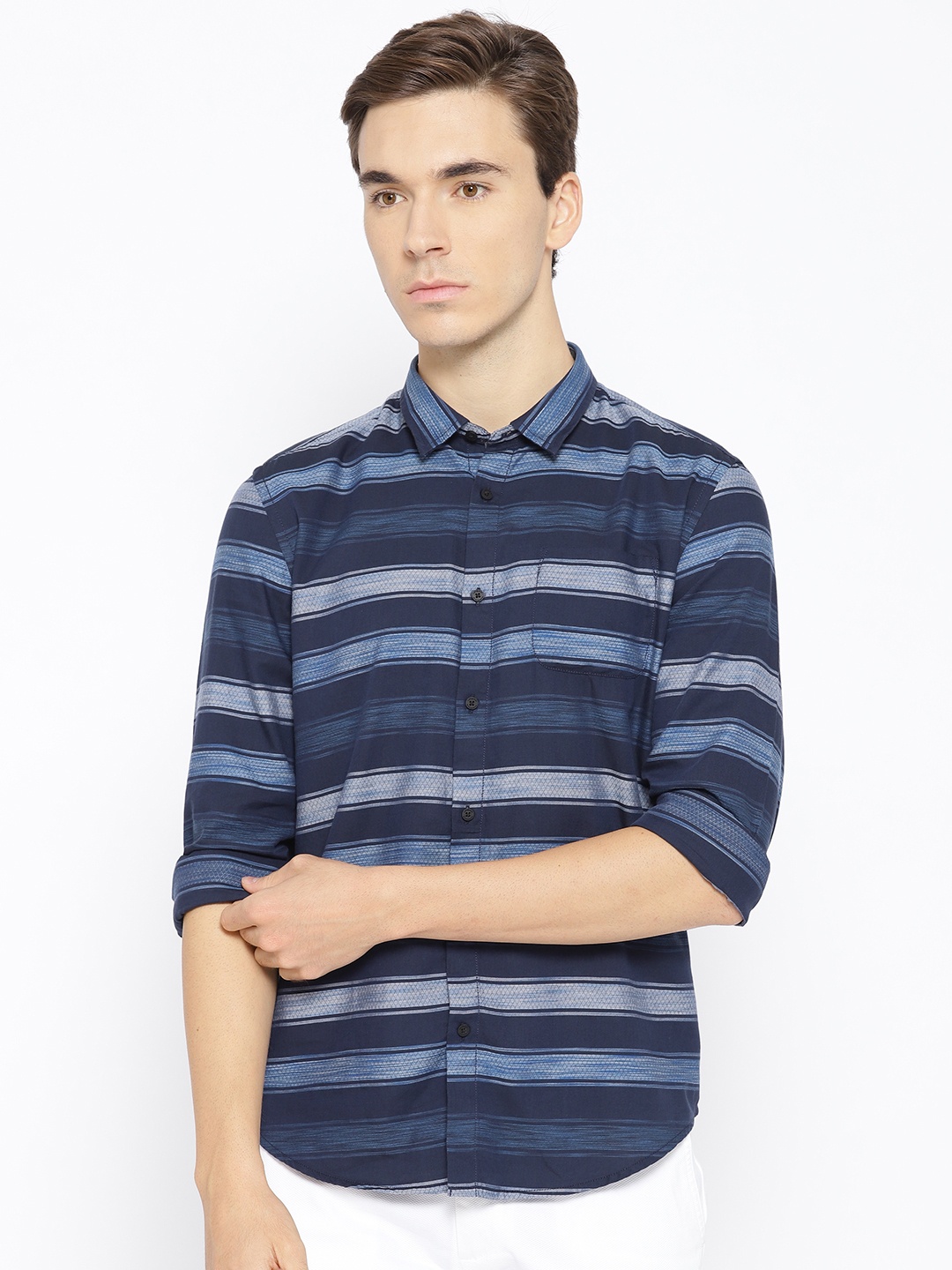

Blackberrys Men Navy Blue Trim Slim Fit Striped Casual Shirt