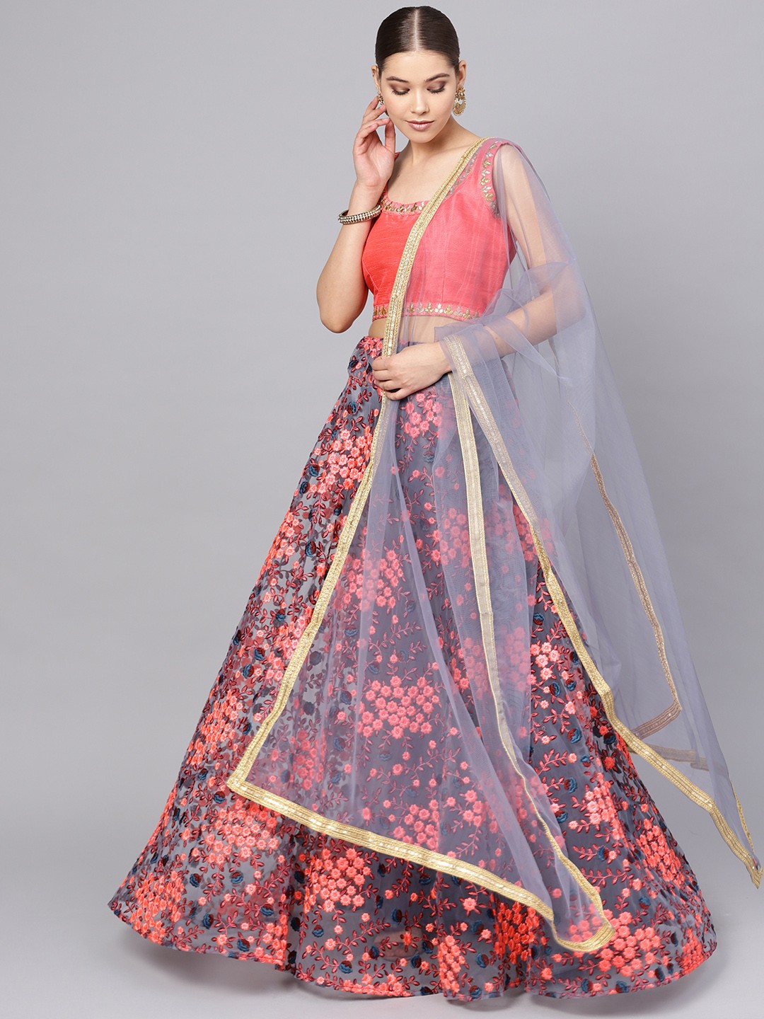 

Inddus Grey & Coral Pink Semi-Stitched Lehenga & Unstitched Blouse with Dupatta