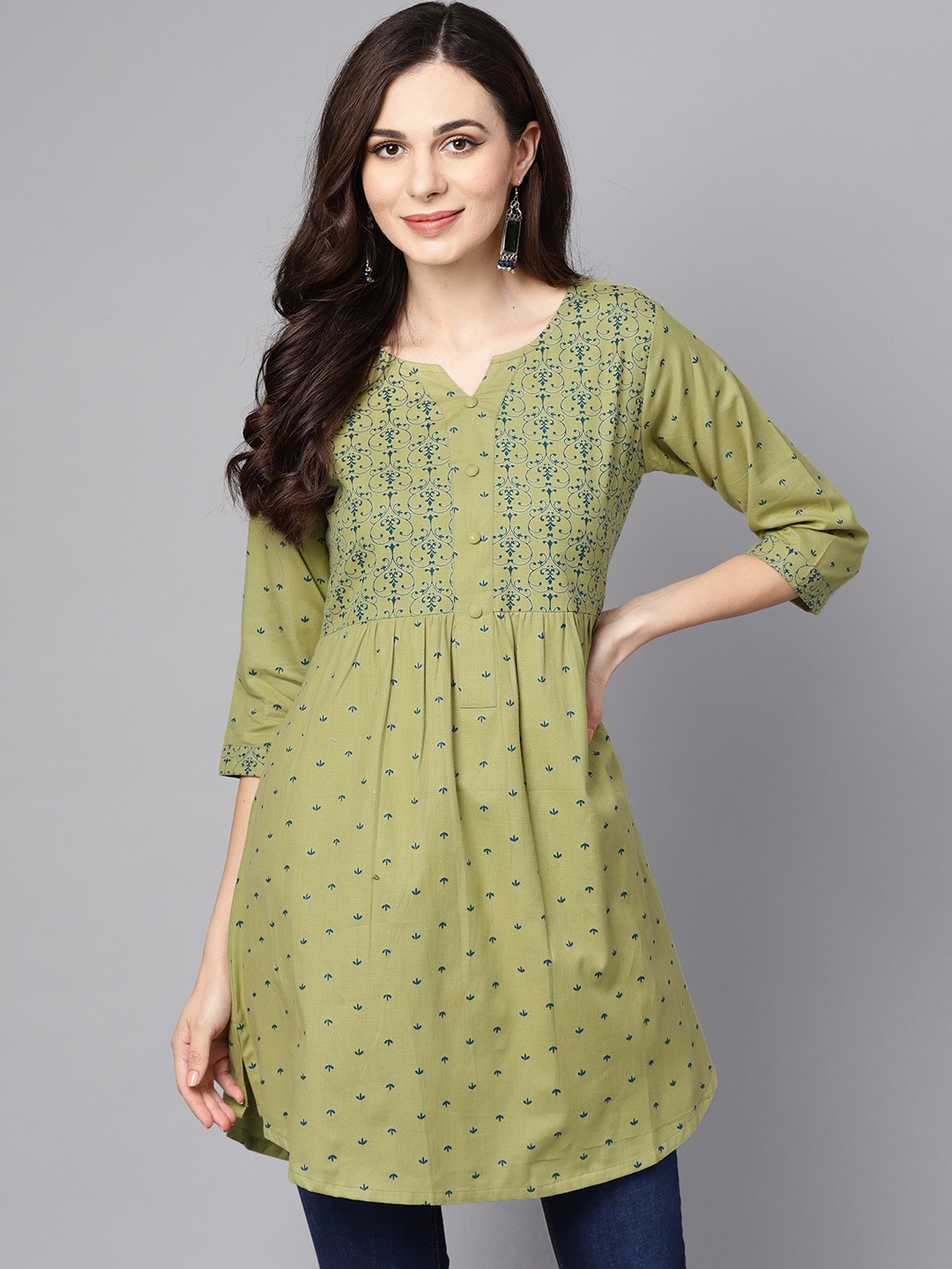 

Nayo Women Olive Green & Blue Ethnic Motifs Print A-Line Kurta