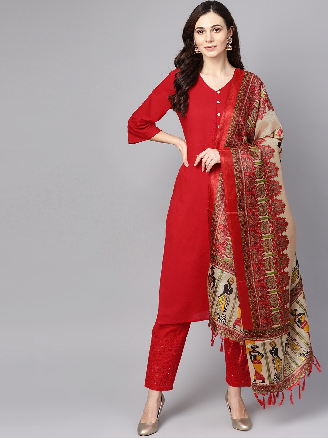 

Nayo Women Red Solid Kurta with Trousers & Dupatta