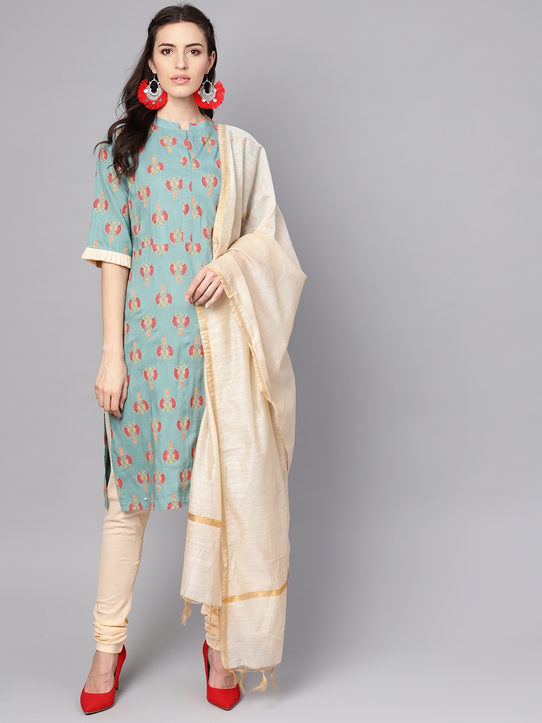 

Nayo Women Blue & Cream-Coloured Printed Kurta with Churidar & Dupatta