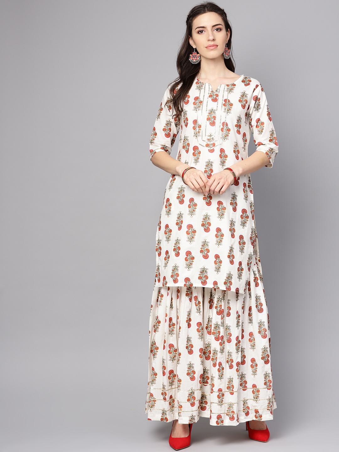 

Nayo Women Off-White & Brown Printed Kurta with Sharara & Dupatta