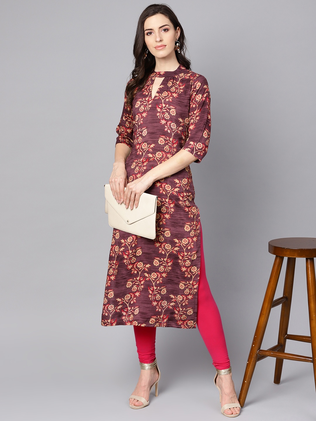 

Nayo Women Mauve & Beige Printed Straight Kurta