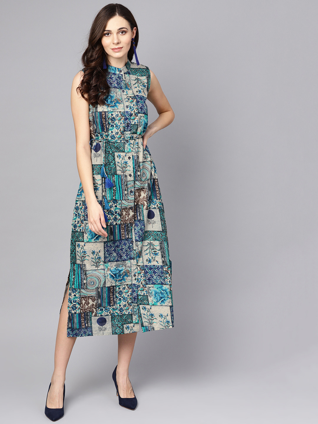 

Nayo Blue & Beige Ethnic Motifs Printed Cotton A-Line Dress