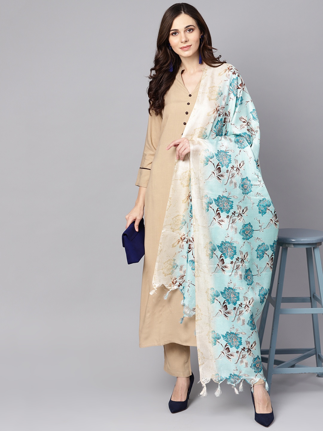 

Nayo Women Beige & Blue Solid Kurta with Trousers & Dupatta