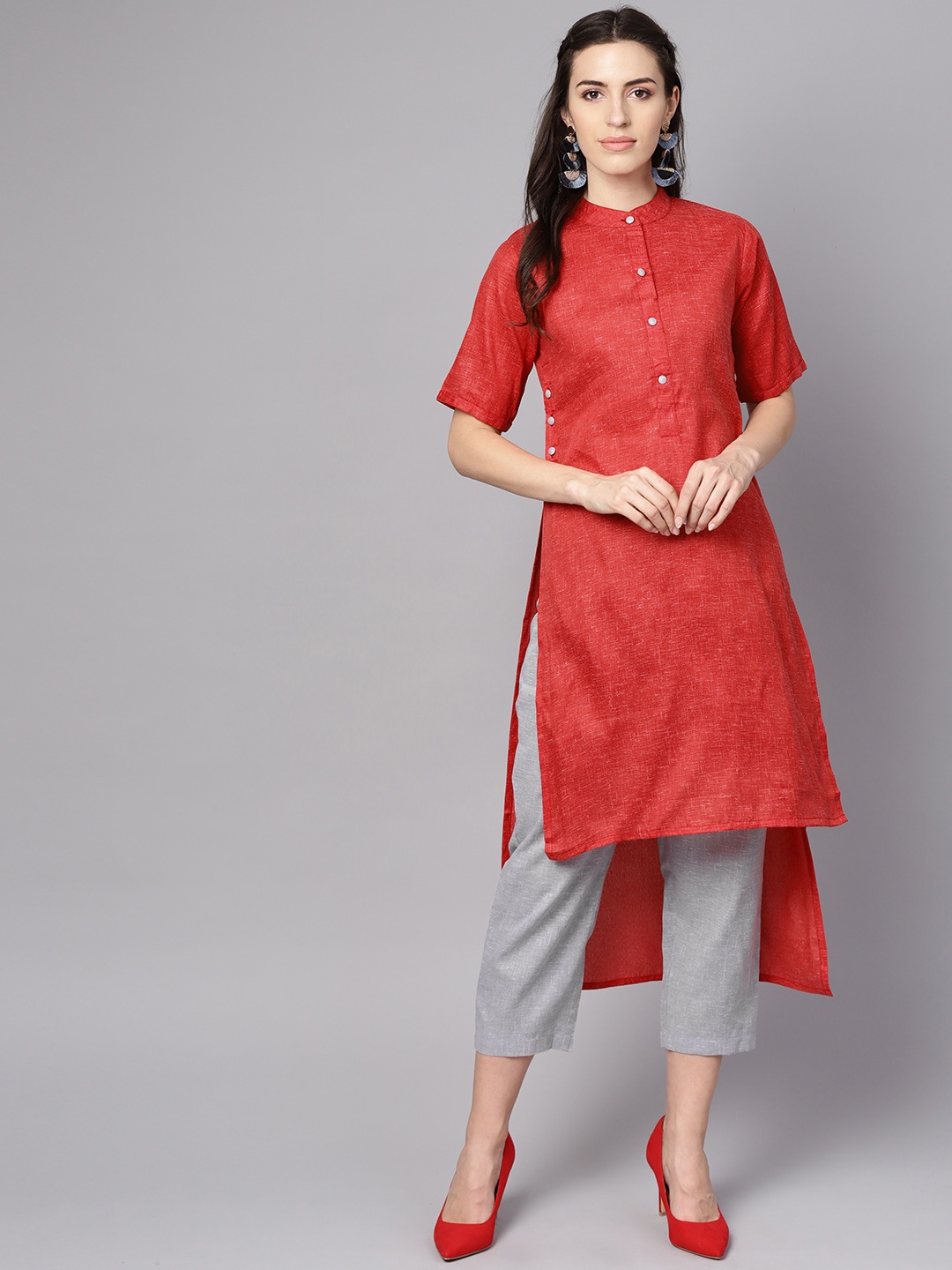 

Nayo Women Red & Grey Solid Kurta with Trousers