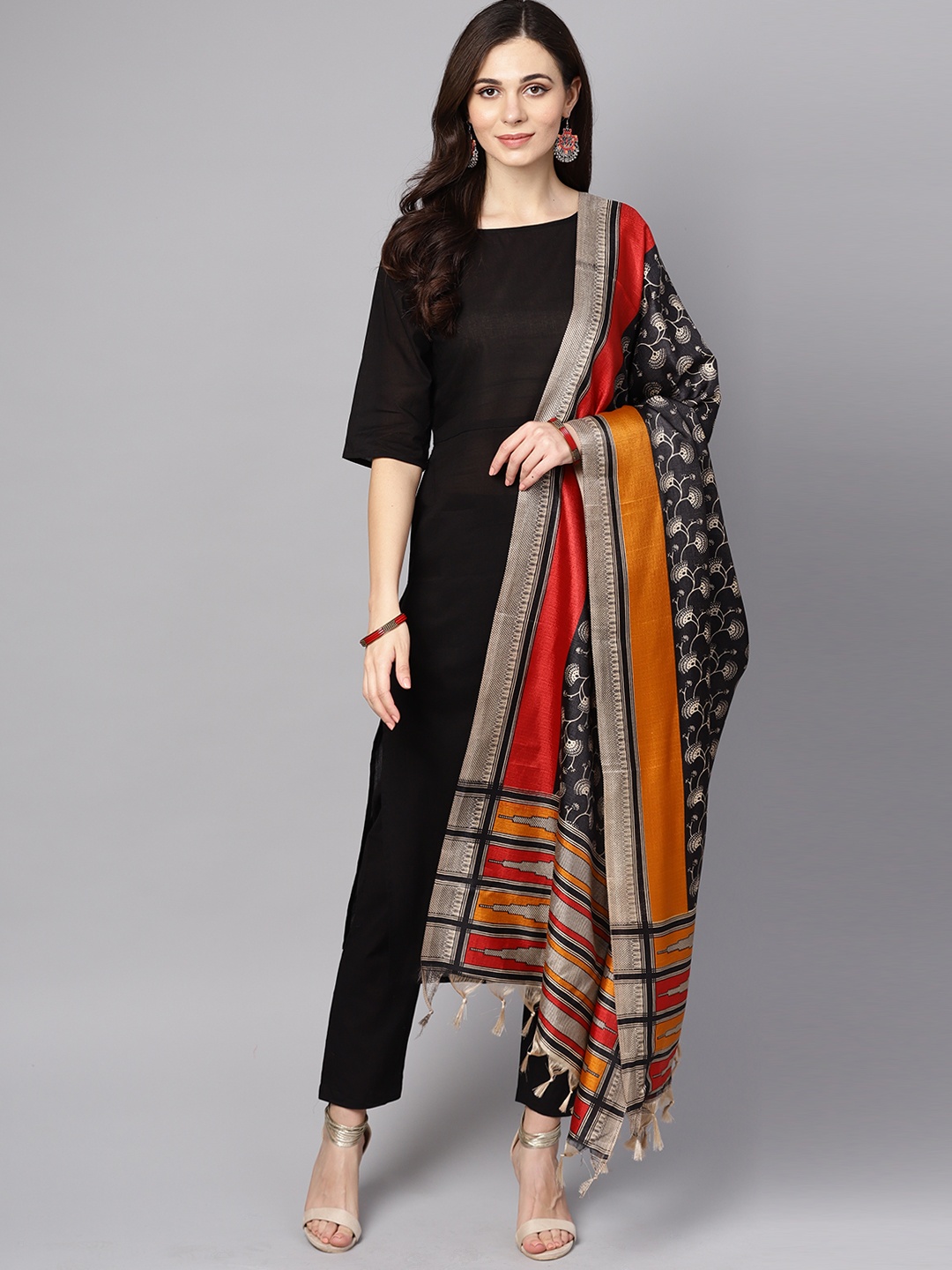 

AASI - HOUSE OF NAYO Women Black & Mustard Yellow Solid Kurta with Trousers & Dupatta