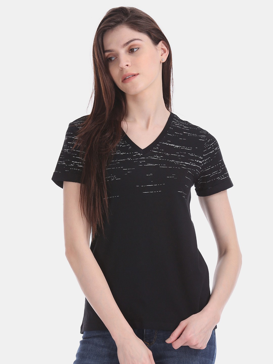 

Flying Machine Women Black & White Printed V-Neck T-shirt